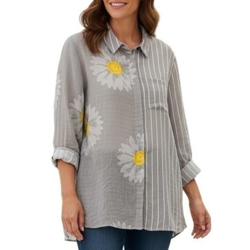 Misslook Button Up Shirt Womens 3XL Gray Daisy Stripe Long Sleeve Casual Blouse